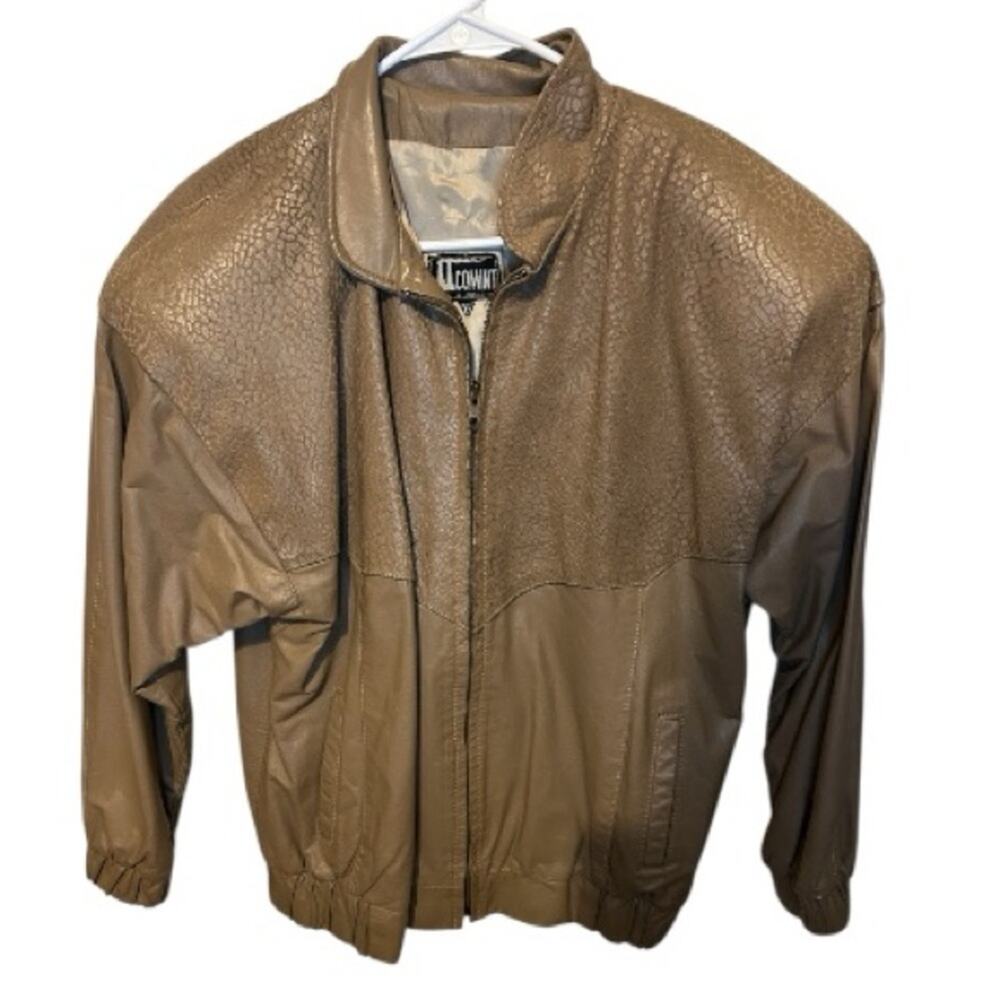 Vintage 80’s COMINT Argentina tan leather snake embossed bomber jacket. Size M